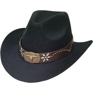 Unisex Black 100% Polyester Bull Skull Band Fedora Classic Cowboy Felt Hat